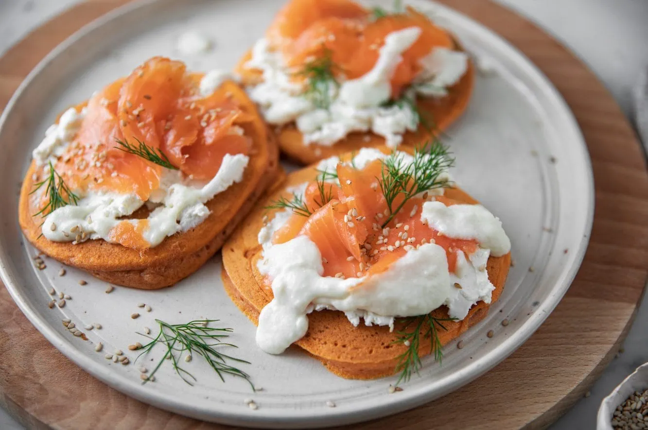 Savoury Tomato Pancakes with salmon and goats cheese fondue