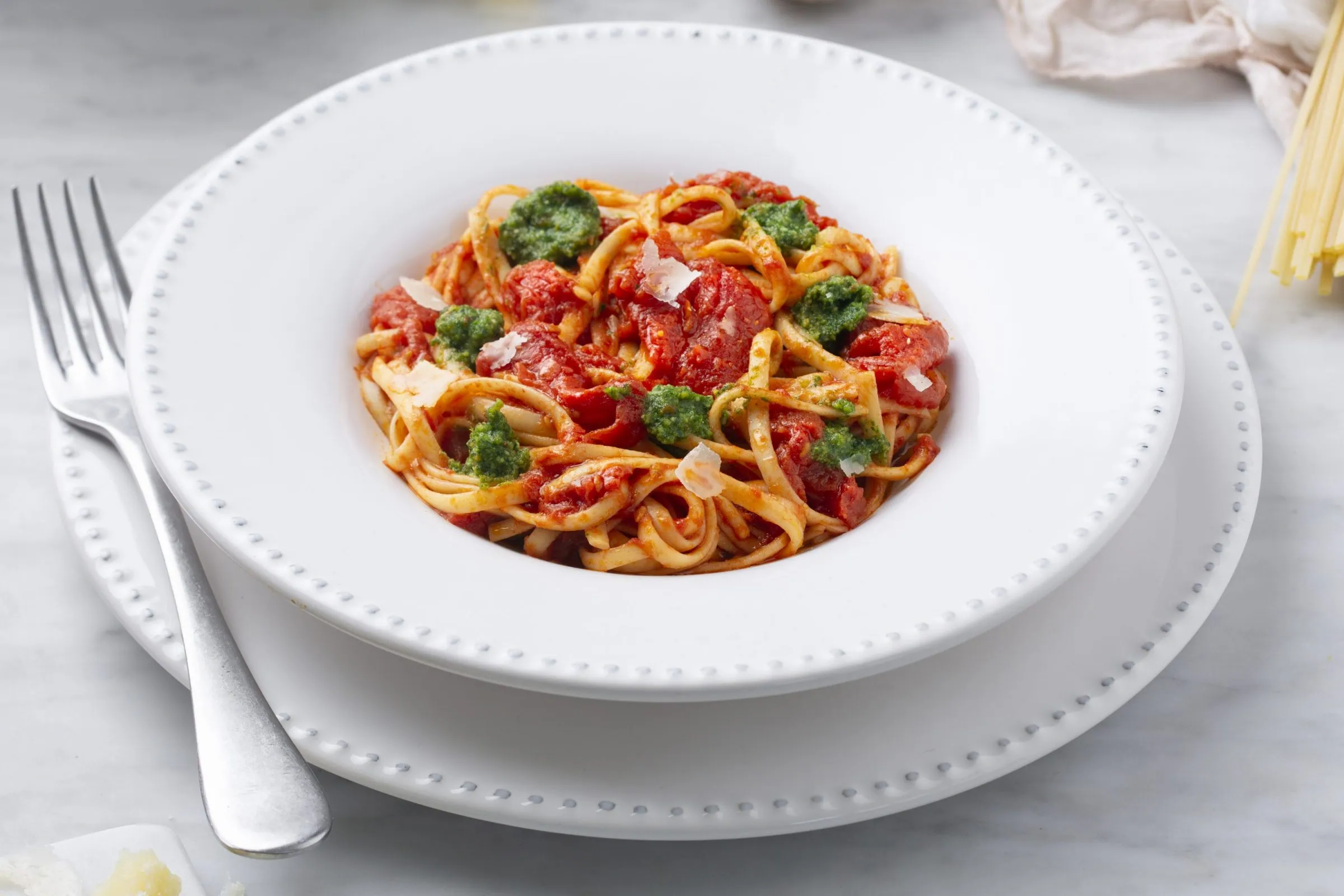 Linguine with Rocket Pesto and Peeled Tomatoes