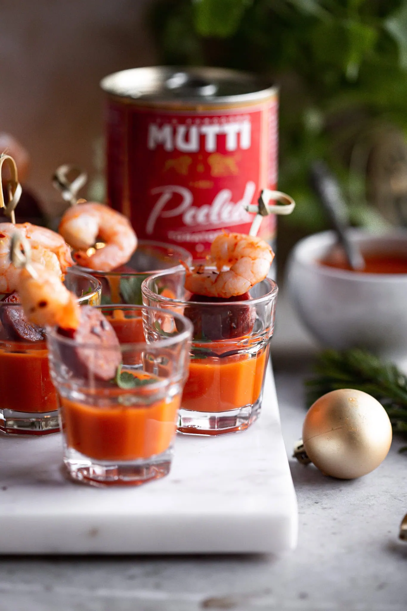 Tomato bisque and king prawn chorizo